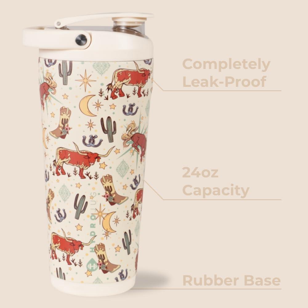 imageHydroJug 24 oz New Stainless Steel Shaker  Insulated Leakproof BPAFree with Silent Mixing Grate  No Clumps No Noise  Premium Shaker for Fitness Sports ampamp Everyday Use Black LeopardRodeo