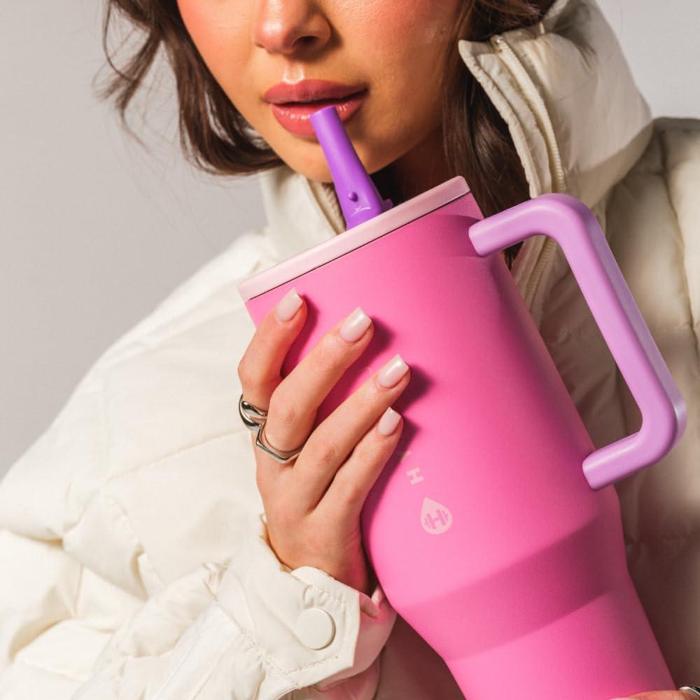 imageHydroJug Traveler  32 oz Water Bottle with Handle ampamp Flip Straw  Fits in Cup Holder Leak Resistant TumblerReusable Insulated Stainless Steel ampamp Rubber Base  Gifts for Women ampamp Men BlackPink Sugar