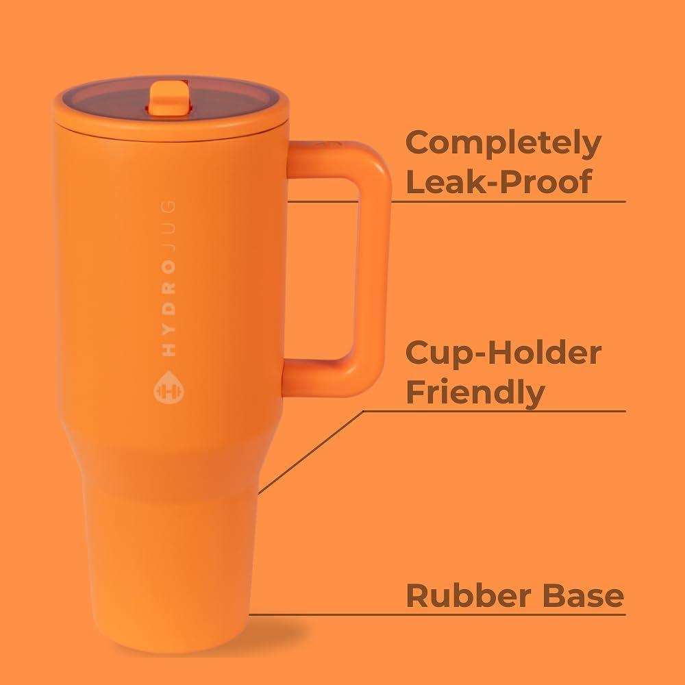 imageHydroJug Traveler  32 oz Water Bottle with Handle ampamp Flip Straw  Fits in Cup Holder Leak Resistant TumblerReusable Insulated Stainless Steel ampamp Rubber Base  Gifts for Women ampamp Men BlackTangerine
