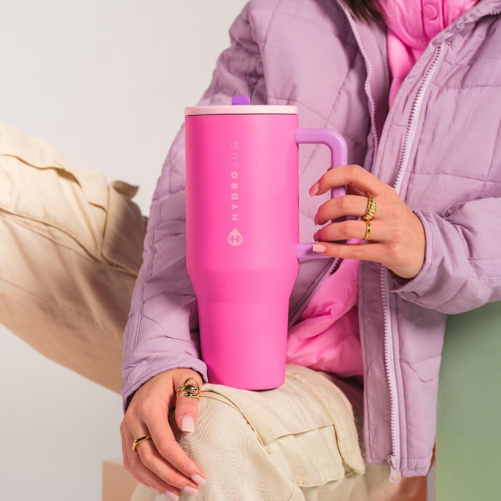 imageHydroJug Traveler  32 oz Water Bottle with Handle ampamp Flip Straw  Fits in Cup Holder Leak Resistant TumblerReusable Insulated Stainless Steel ampamp Rubber Base  Gifts for Women ampamp Men BlackPink Sugar