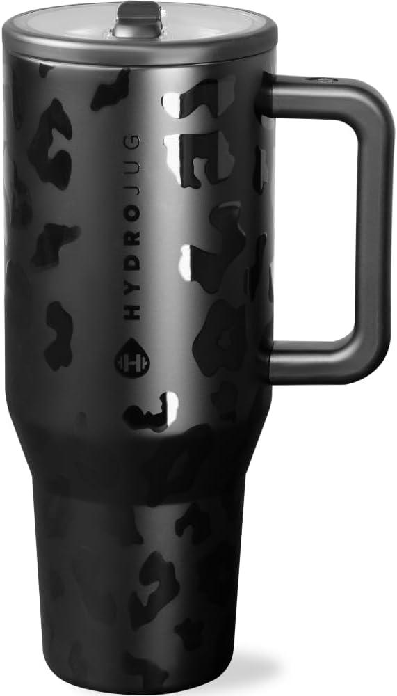 imageHydroJug Traveler  40 oz Water Bottle with Handle ampamp Flip Straw  Fits in Cup Holder Leak Resistant TumblerReusable Insulated Stainless Steel ampamp Rubber Base  Gifts for Women ampamp Men BlackBlack Leopard