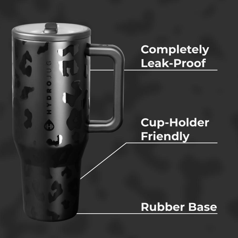 imageHydroJug Traveler  40 oz Water Bottle with Handle ampamp Flip Straw  Fits in Cup Holder Leak Resistant TumblerReusable Insulated Stainless Steel ampamp Rubber Base  Gifts for Women ampamp Men BlackBlack Leopard