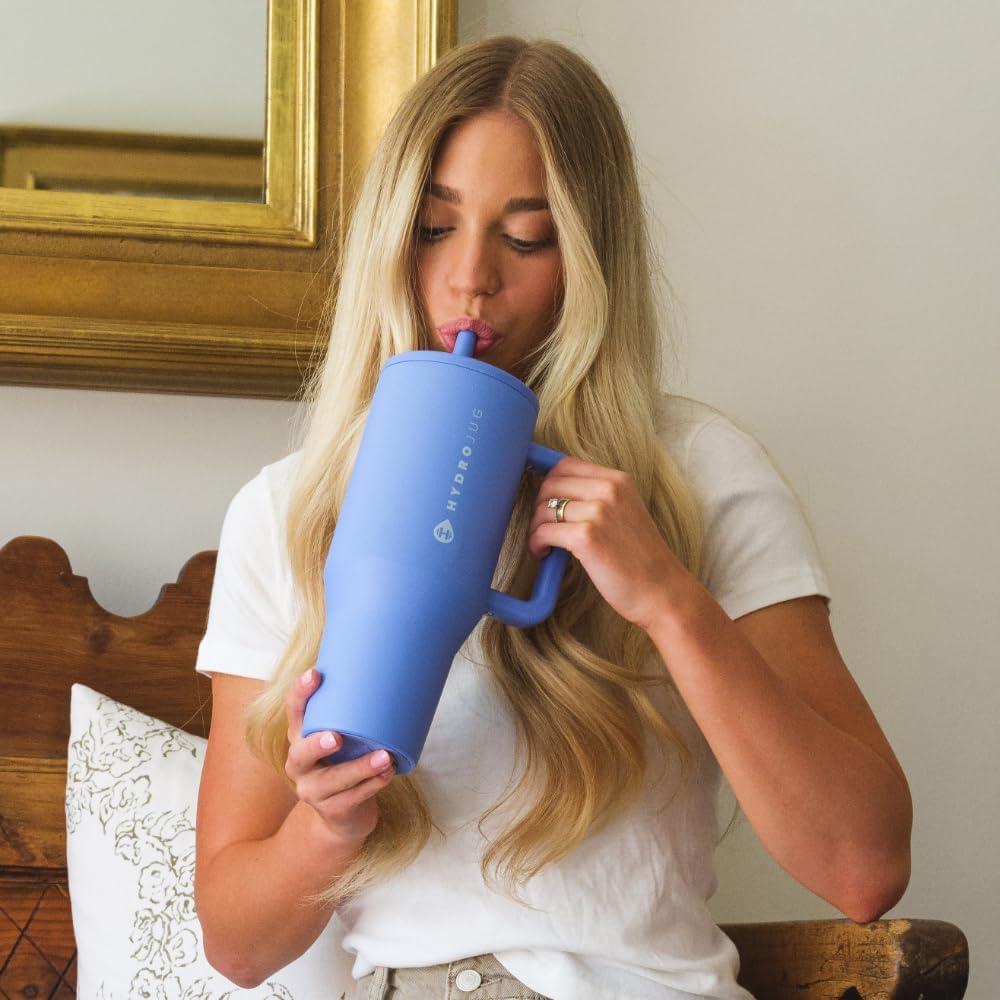 imageHydroJug Traveler  40 oz Water Bottle with Handle ampamp Flip Straw  Fits in Cup Holder Leak Resistant TumblerReusable Insulated Stainless Steel ampamp Rubber Base  Gifts for Women ampamp Men BlackLight Blue